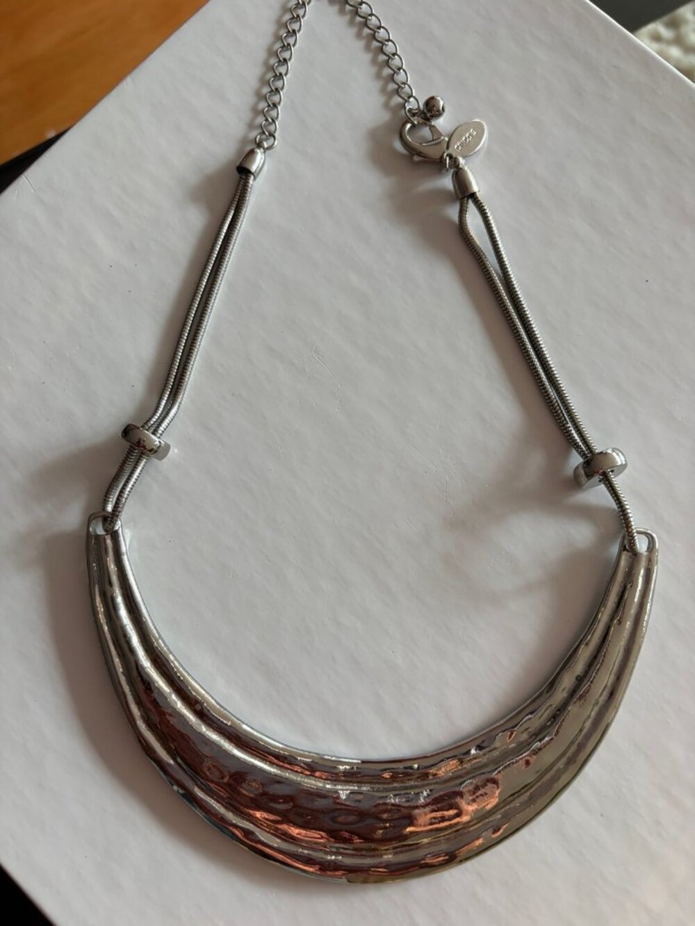 Chico's Silver Tone Hammered Crescent Bib Necklace Snake Chain Adjustable